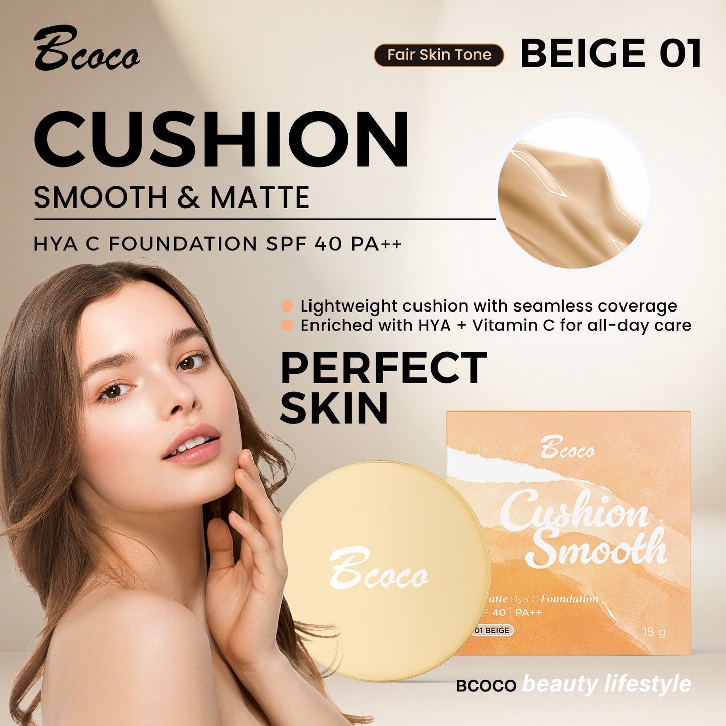 01 Beige Cushion Smooth & Matte Hya C Foundation SPF40 PA++ 15g