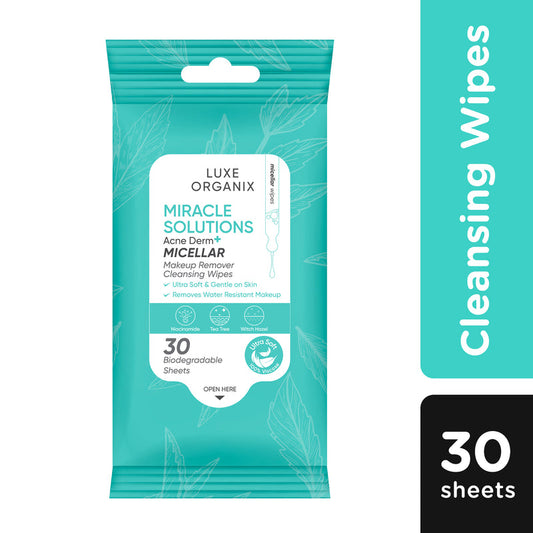 Luxe Organix Miracle Solutions Acne Derm+Micellar Make Up Remover Cleansing Wipes (30 Sheets)